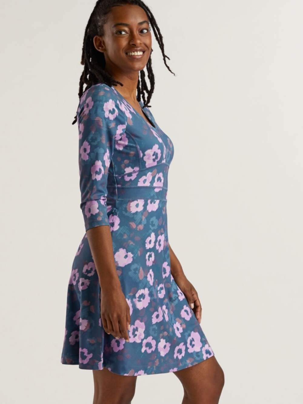 NEW Title Nine Dream 3/4 Sleeve Abstract Purple/Gray Floral Dress Size S